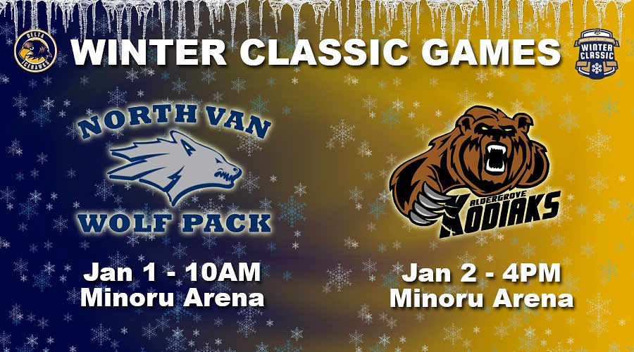We are back on the ice tomorrow in Richmond for the annual Winter Classic!

The Hawks are taking on the Wolf Pack in the morning to ring in 2022 - game time is 10am.

And on Sunday, the Kodiaks and Hawks face off at 4pm in one of the final games of the weekend. #DeltaHawkey